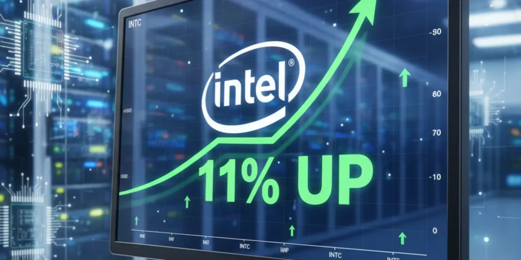 Graph showing Intel stock rising 11% with AI chip and data center visuals in the background.