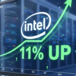 Graph showing Intel stock rising 11% with AI chip and data center visuals in the background.