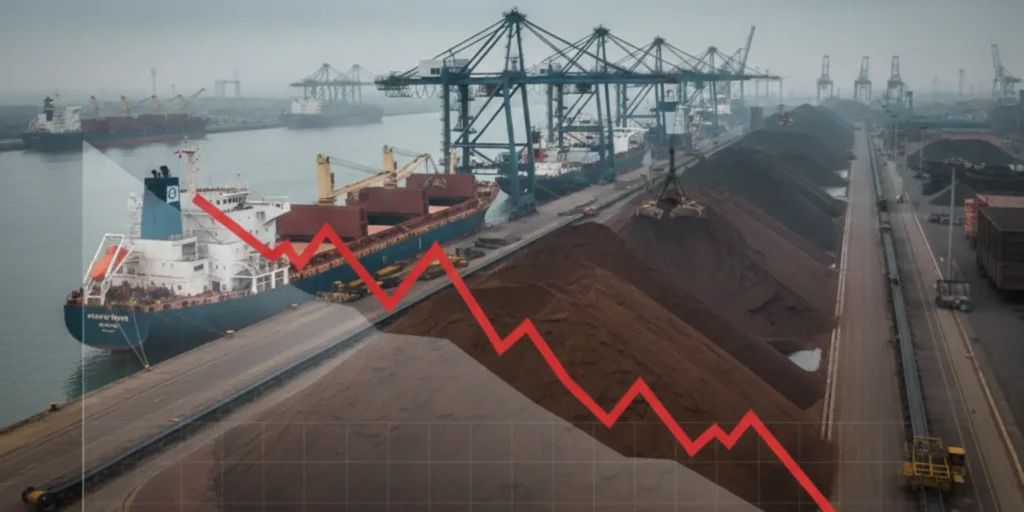 Iron ore stockpiles at a Chinese port as prices fall due to oversupply and weak steel demand