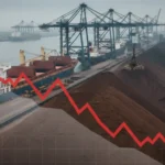 Iron ore stockpiles at a Chinese port as prices fall due to oversupply and weak steel demand