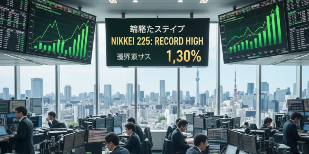 Japan Stock Market trading floor showing Nikkei index at record high with traders and digital stock charts.