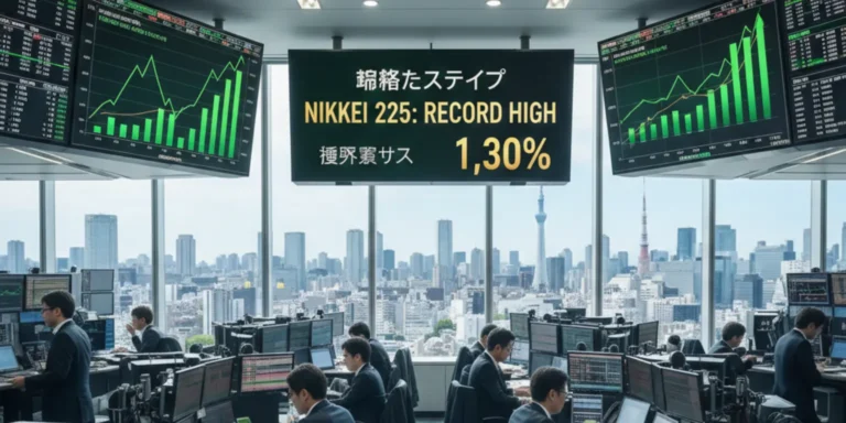 Japan Stock Market trading floor showing Nikkei index at record high with traders and digital stock charts.