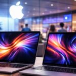 Two sleek MacBook Pro laptops on a modern store table, showcasing high-resolution screens and minimalist design