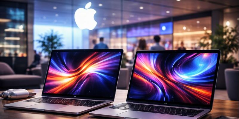 Two sleek MacBook Pro laptops on a modern store table, showcasing high-resolution screens and minimalist design