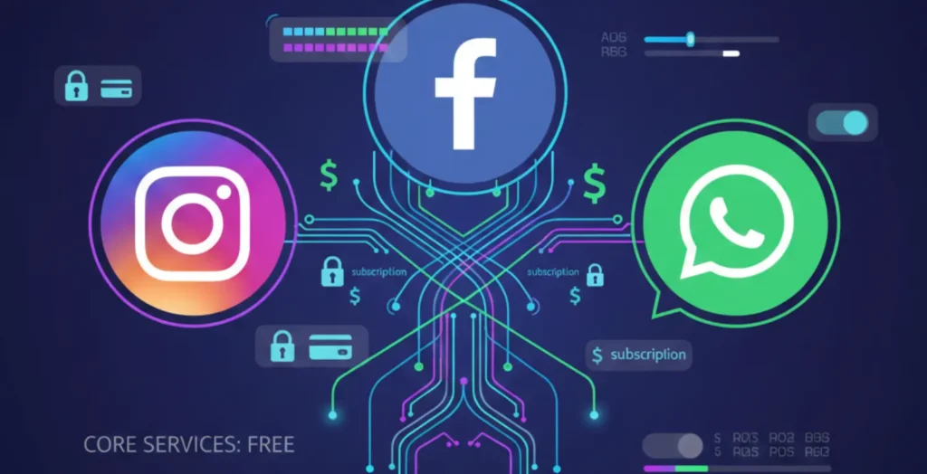 Meta logos for Instagram, Facebook, and WhatsApp displayed with AI icons, representing upcoming paid subscription features.