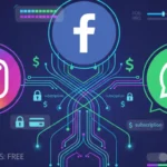 Meta logos for Instagram, Facebook, and WhatsApp displayed with AI icons, representing upcoming paid subscription features.