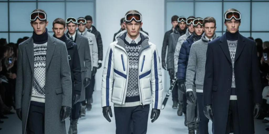 Male models showcasing winter sports inspired outfits on the runway at Milan Menswear Fashion Week.