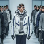 Male models showcasing winter sports inspired outfits on the runway at Milan Menswear Fashion Week.