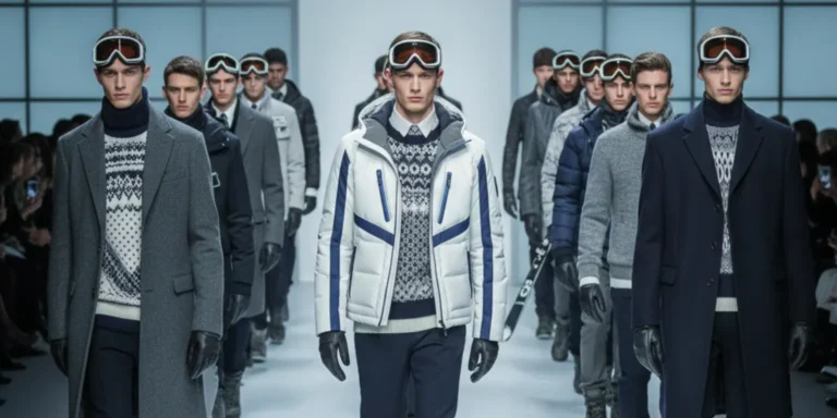 Male models showcasing winter sports inspired outfits on the runway at Milan Menswear Fashion Week.