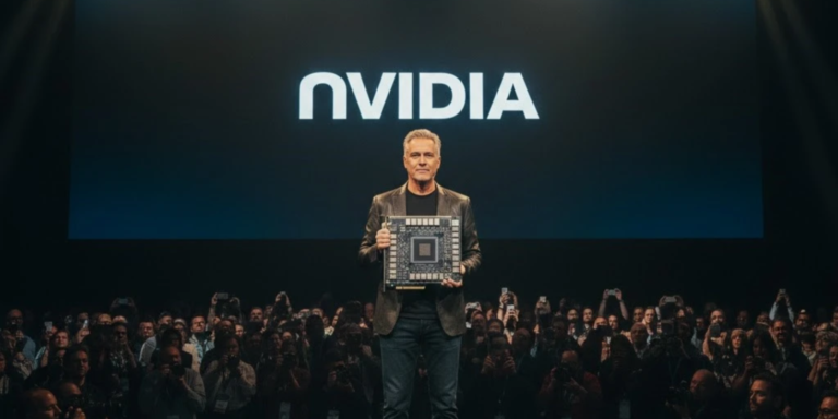 NVIDIA executive holding an advanced AI graphics chip during a technology presentation