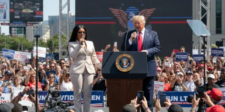 Nicki Minaj standing on stage with Donald Trump, smiling and gesturing to the audience, at a political event showing her support for the former president.