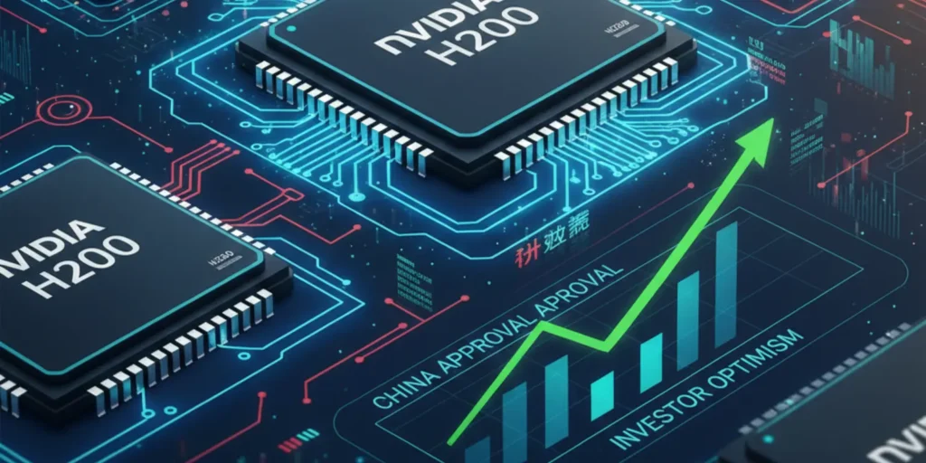 Nvidia logo with AI chip imagery representing H200 processors and a rising stock chart, indicating potential market approval in China.