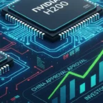 Nvidia logo with AI chip imagery representing H200 processors and a rising stock chart, indicating potential market approval in China.