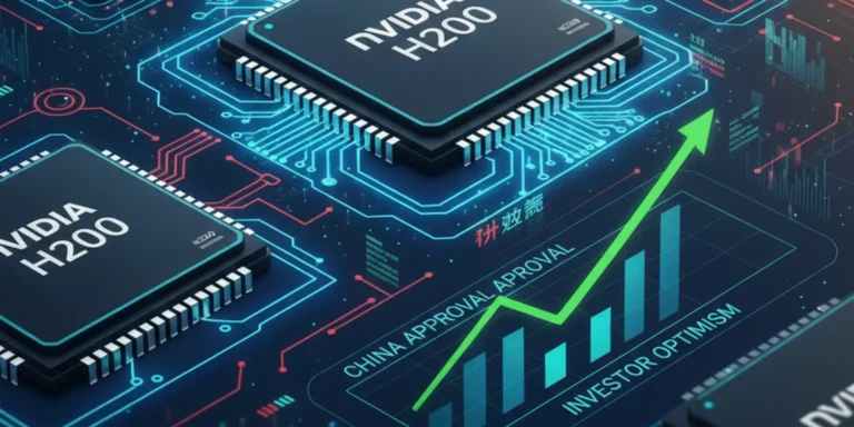 Nvidia logo with AI chip imagery representing H200 processors and a rising stock chart, indicating potential market approval in China.
