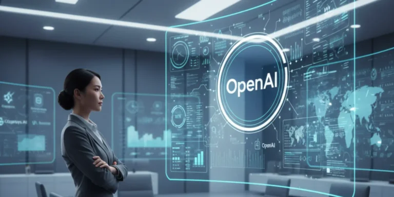 Illustration showing OpenAI branding in a corporate setting highlighting enterprise AI strategy and business growth plans.