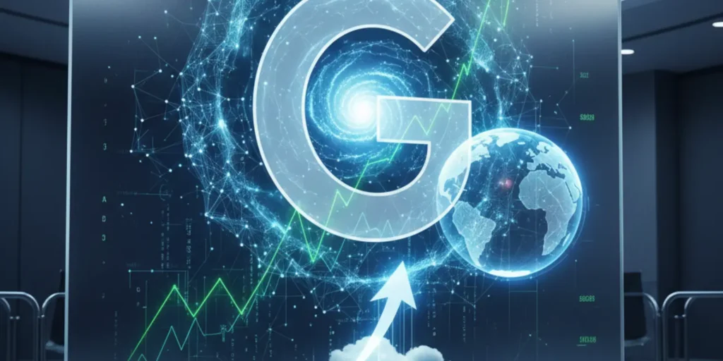 Alphabet stock outlook as Roth/MKM raises price target to $365, showing Google branding with AI, advertising, and growth chart visuals.