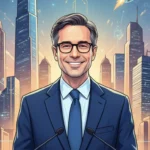 Illustration of OpenAI CEO Sam Altman with New Delhi skyline and artificial intelligence symbols representing global AI summit talks.