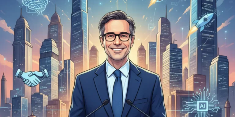 Illustration of OpenAI CEO Sam Altman with New Delhi skyline and artificial intelligence symbols representing global AI summit talks.