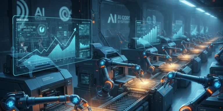 Samsung semiconductor foundry facility with advanced chip manufacturing equipment, representing rising global orders and improved production yields.