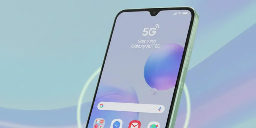 Samsung Galaxy A07 5G smartphone displaying a large edge to edge screen, modern design, dual camera setup, and features focused on speed, power, and everyday convenience