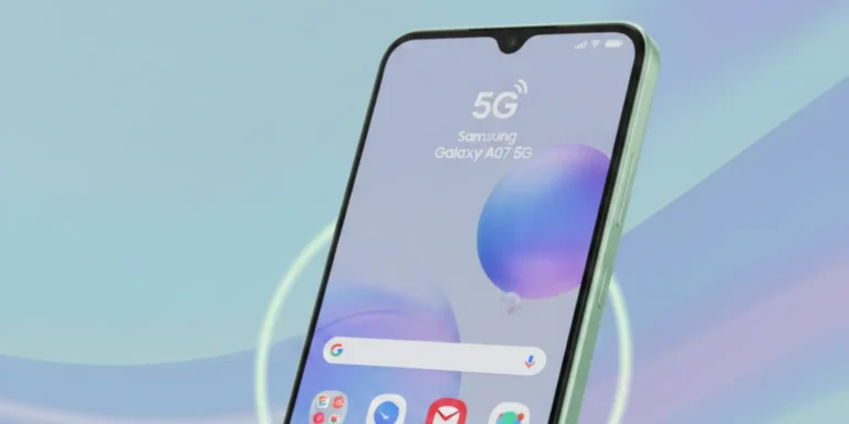 Samsung Galaxy A07 5G smartphone displaying a large edge to edge screen, modern design, dual camera setup, and features focused on speed, power, and everyday convenience