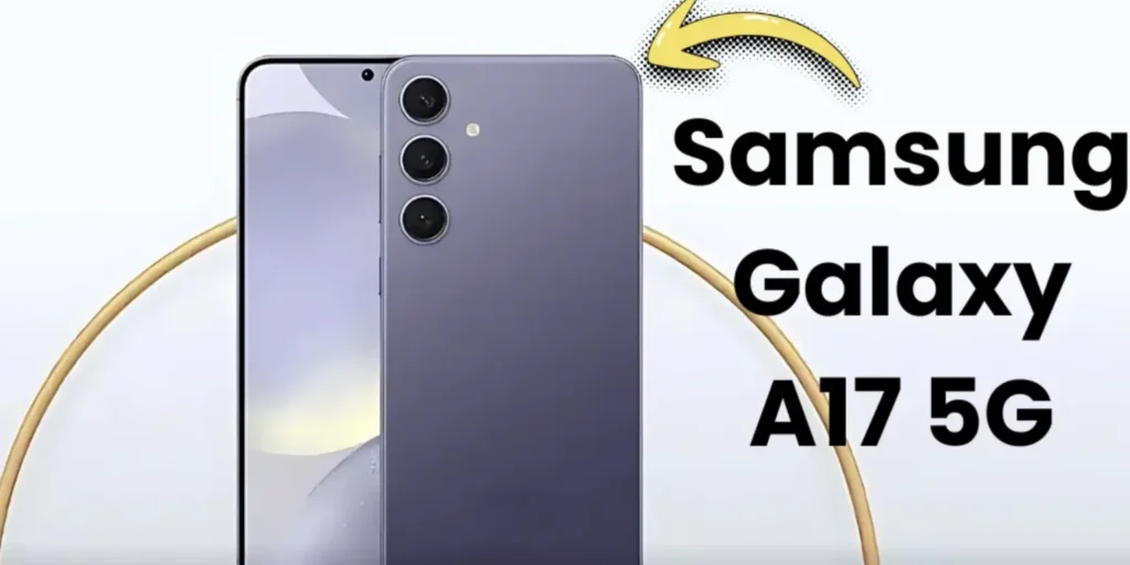 Samsung Galaxy A17 5G smartphone in black showing large display, 5G connectivity, and side fingerprint scanner.