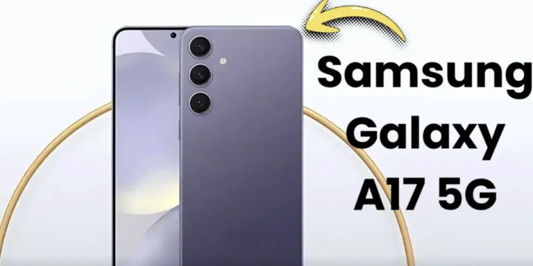Samsung Galaxy A17 5G smartphone in black showing large display, 5G connectivity, and side fingerprint scanner.