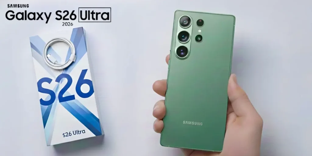 Samsung Galaxy S26 Ultra smartphone showing sleek design and bright edge-to-edge display.