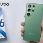 Samsung Galaxy S26 Ultra smartphone showing sleek design and bright edge-to-edge display.