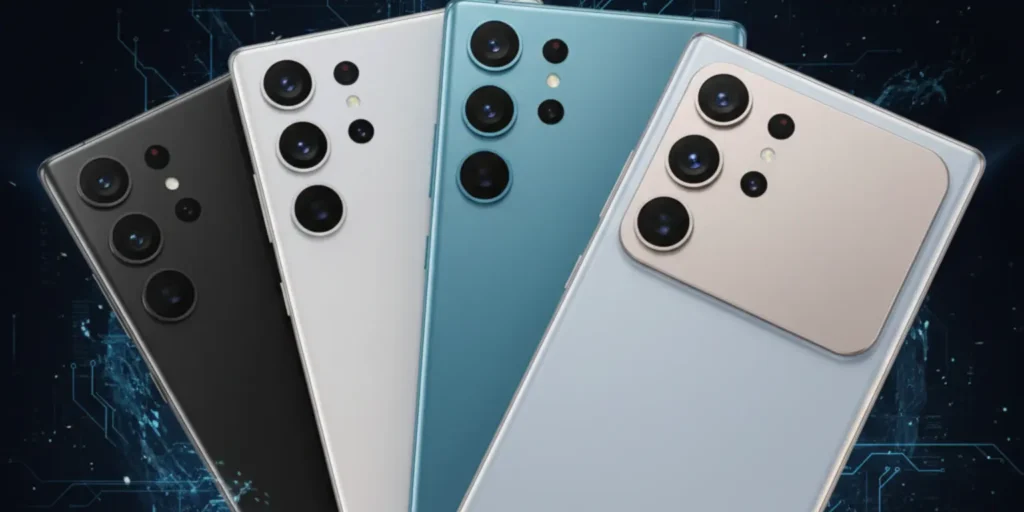 Samsung Galaxy S26 Ultra smartphone with rumored flat camera bump and multiple color options displayed on a futuristic tech background.