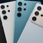 Samsung Galaxy S26 Ultra smartphone with rumored flat camera bump and multiple color options displayed on a futuristic tech background.