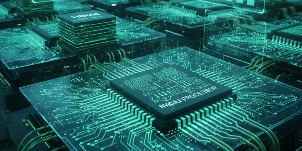 Samsung HBM4 memory chips shown with Nvidia AI processors, representing next generation AI hardware and semiconductor competition.