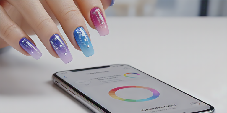 Smart nails that change color through a mobile app, offering a salon-free manicure.