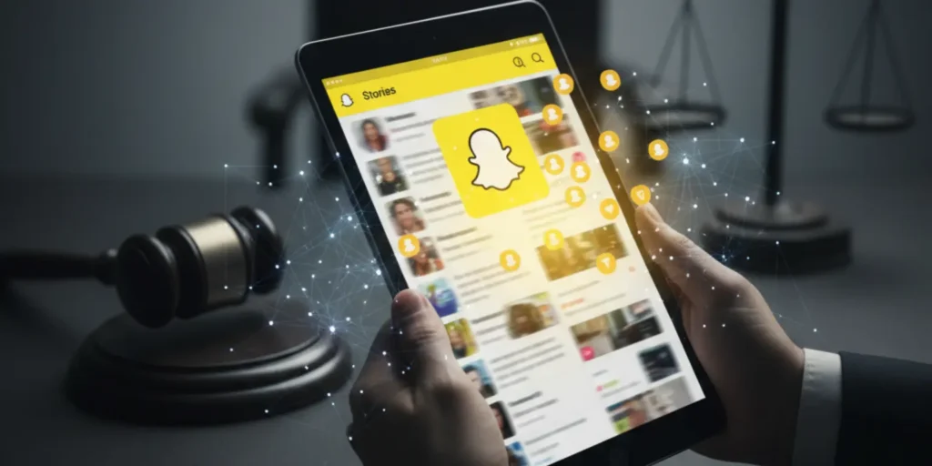 Smartphone displaying Snap surrounded by notifications and legal symbols like a gavel and scales of justice.