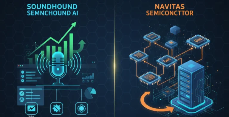 SoundHound AI vs Navitas Semiconductor: Illustration showing SoundHound AI with rising revenue graphs and voice assistant icons, and Navitas Semiconductor with semiconductor chips and AI infrastructure visuals.