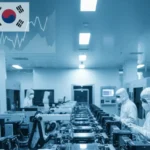 South Korea semiconductor factory with engineers, AI chips, and U.S.-South Korea trade relations illustration.
