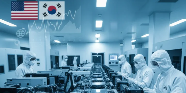 South Korea semiconductor factory with engineers, AI chips, and U.S.-South Korea trade relations illustration.