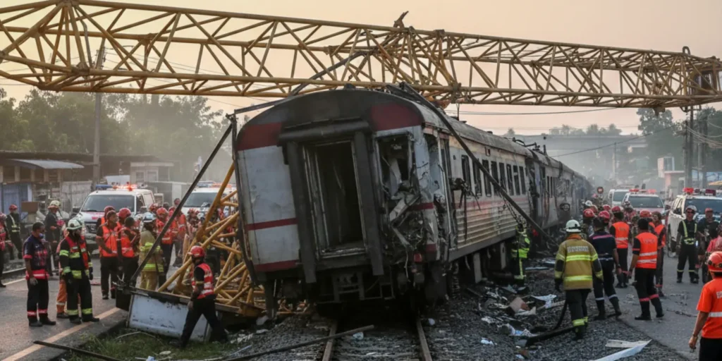 Rescue workers at the crash site where a construction crane collapsed onto a passenger train in Nakhon Ratchasima, Thailand