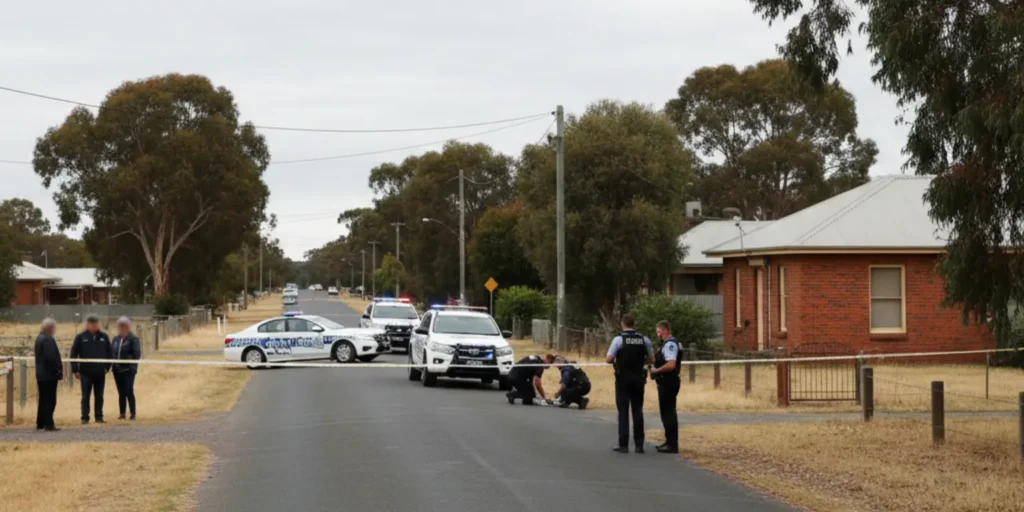 New South Wales Police officers and emergency vehicles at a crime scene in Lake Cargelligo following a fatal shooting.