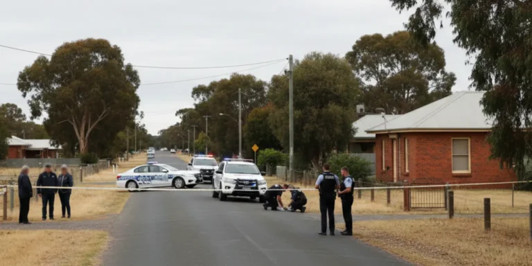 New South Wales Police officers and emergency vehicles at a crime scene in Lake Cargelligo following a fatal shooting.