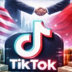 TikTok logo shown between US and China flags representing ownership deal that prevented a US ban