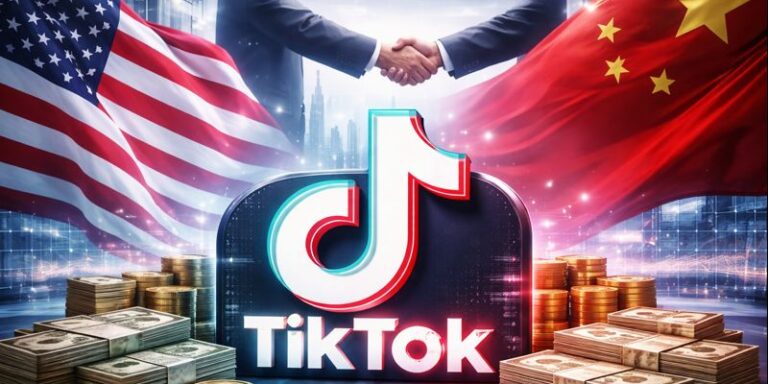 TikTok logo shown between US and China flags representing ownership deal that prevented a US ban