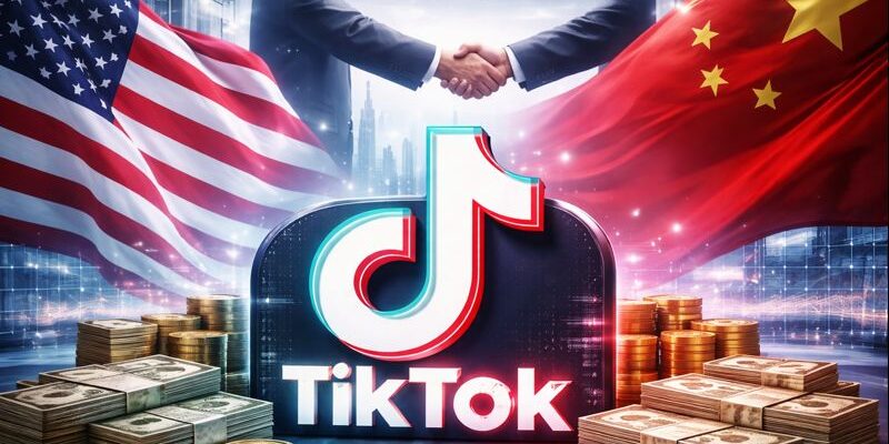 TikTok logo shown between US and China flags representing ownership deal that prevented a US ban