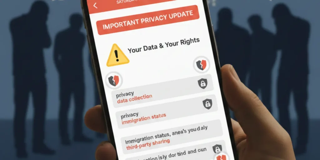 Smartphone showing TikTok app privacy policy with warning symbols, representing user concern over immigration status and data collection.