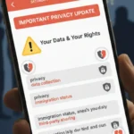 Smartphone showing TikTok app privacy policy with warning symbols, representing user concern over immigration status and data collection.