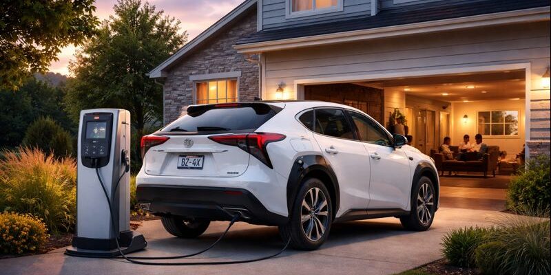 Toyota electric vehicle supplying backup power to a residential home during a power outage