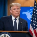 U.S. President Donald Trump addressing the media after stepping back from military threats against Iran