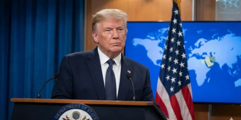 U.S. President Donald Trump addressing the media after stepping back from military threats against Iran
