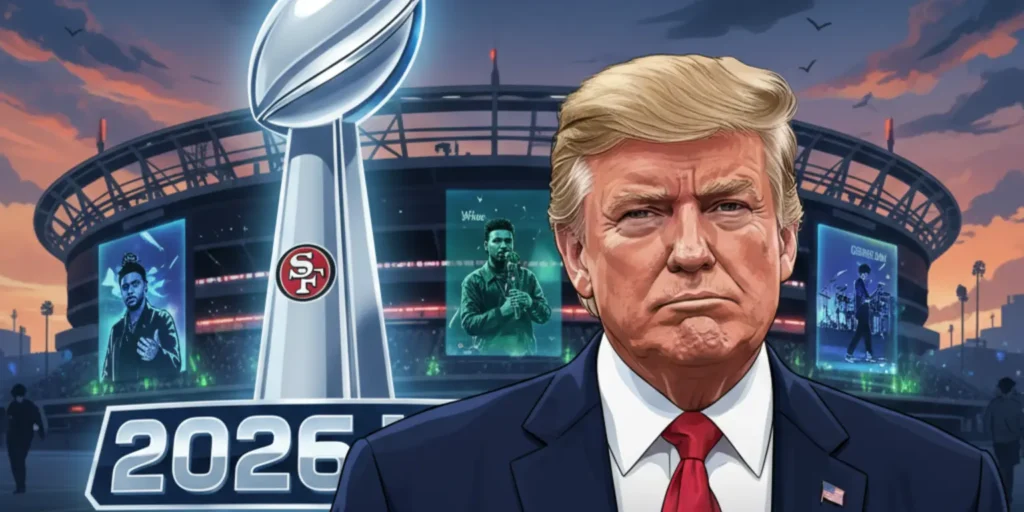 President Donald Trump speaking at a podium, symbolizing his decision to skip the 2026 Super Bowl due to halftime show controversy.