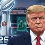President Donald Trump speaking at a podium, symbolizing his decision to skip the 2026 Super Bowl due to halftime show controversy.